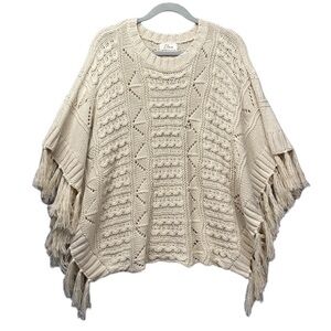 Elan Cream Crochet Fringe Tassel Poncho One Size Boho Beachy